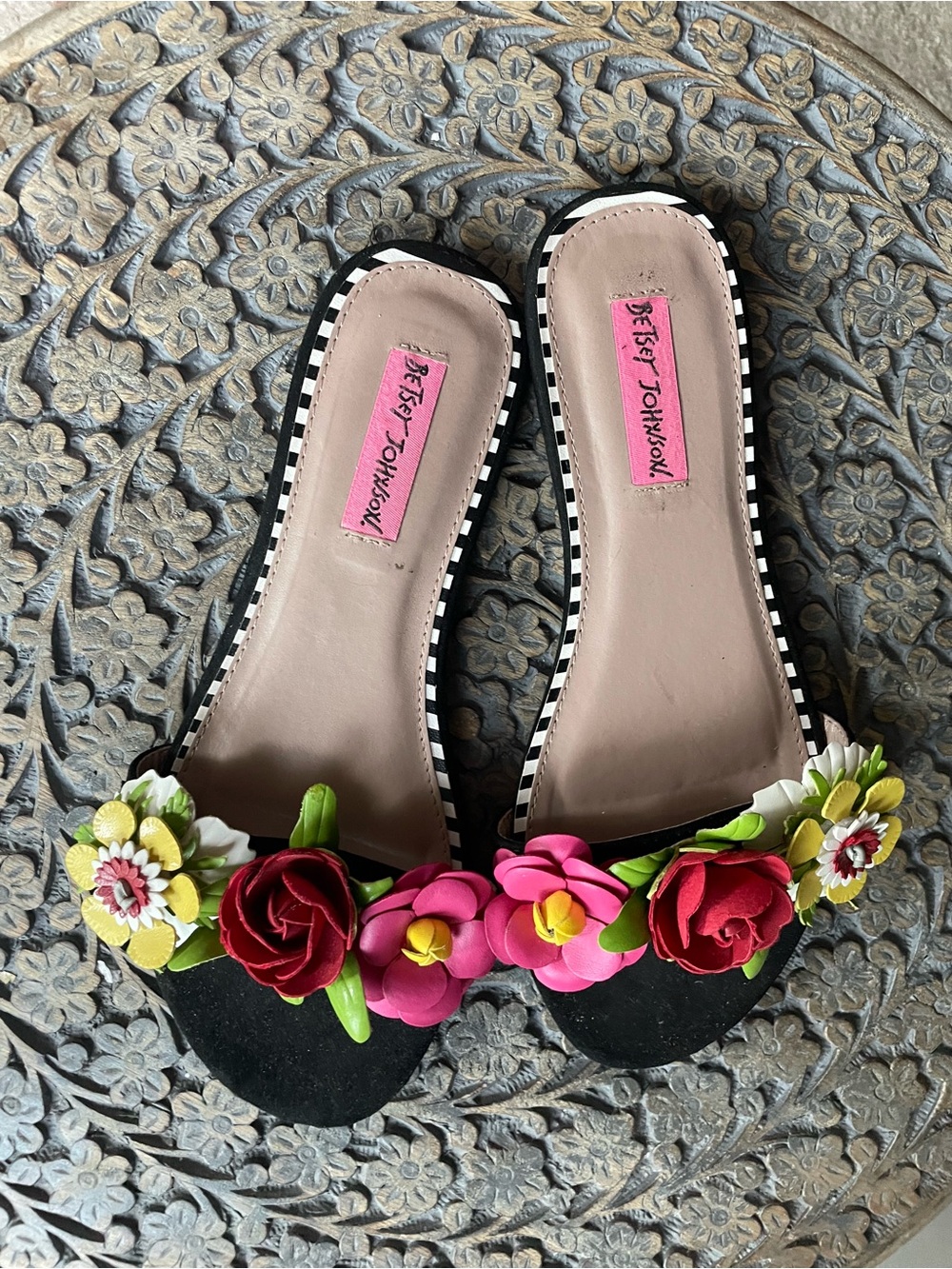 Betsey Johnson Black Slide Mules with Pink & Red Floral Accents
